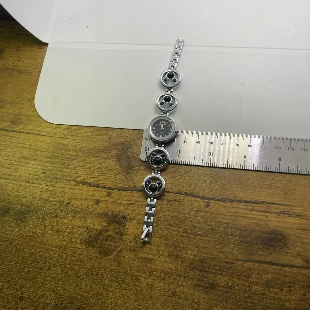 Womens Black Beaded Silver Quartz Watch Works New Battery
